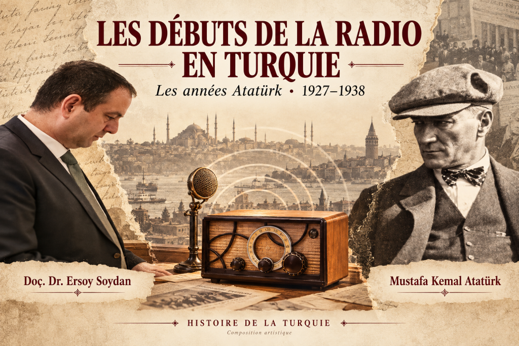 Composition artistique sur les débuts de la radio en Turquie : Doç. Dr. Ersoy Soydan à gauche, Mustafa Kemal Atatürk à droite, avec une radio et un microphone anciens.