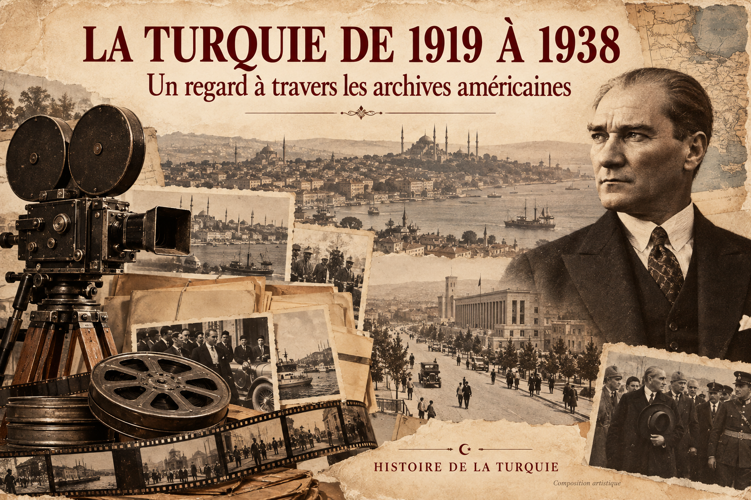 Composition artistique de la Turquie de 1919 à 1938 : portrait d’Atatürk, caméra ancienne, bobines et documents évoquant les archives américaines.